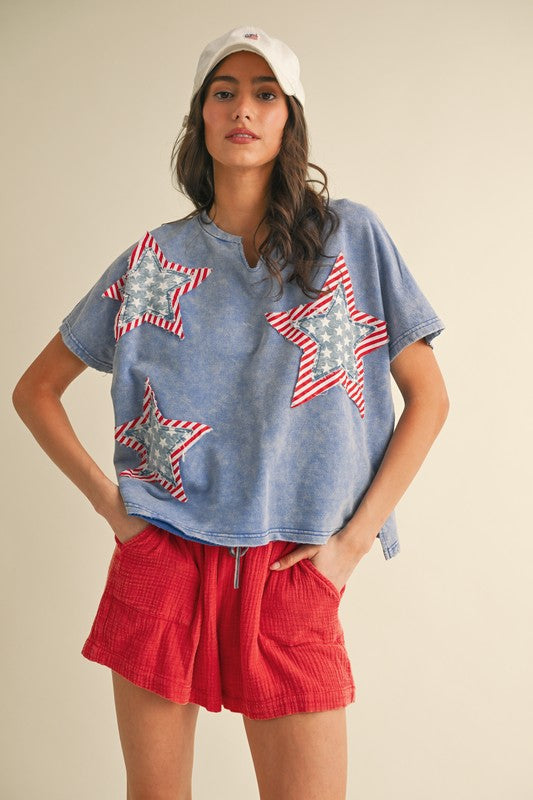 Mineral Washed Star Patched Knit Top