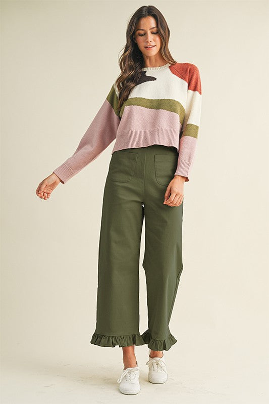 Stretch Front Pocket Ruffle Hem Twill Pants - Olive
