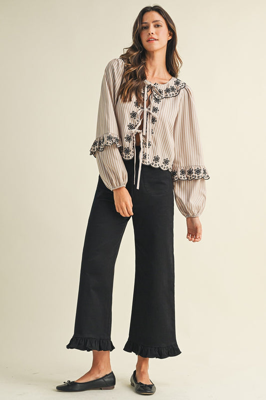 Stretch Front Pocket Ruffle Hem Twill Pants - Black