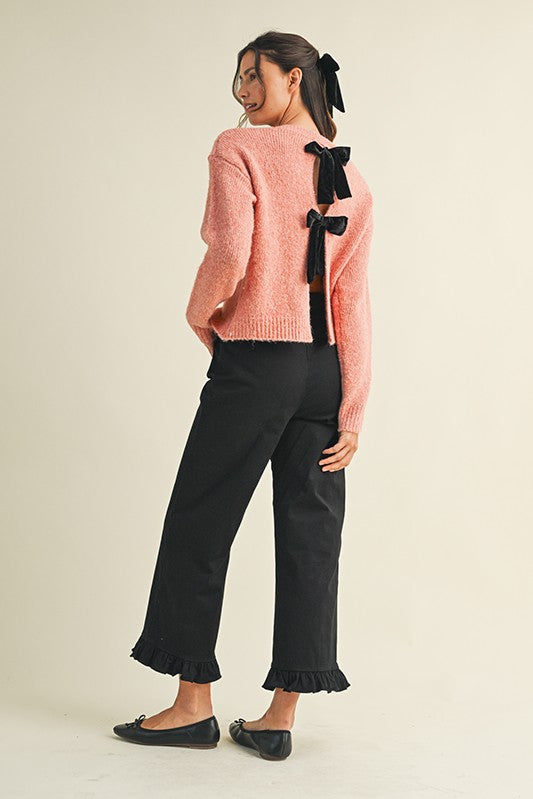 Stretch Front Pocket Ruffle Hem Twill Pants - Black