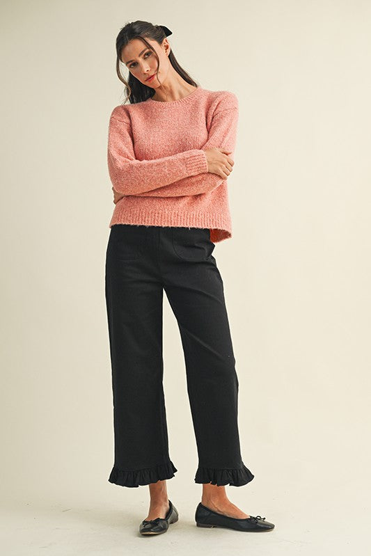 Stretch Front Pocket Ruffle Hem Twill Pants - Black