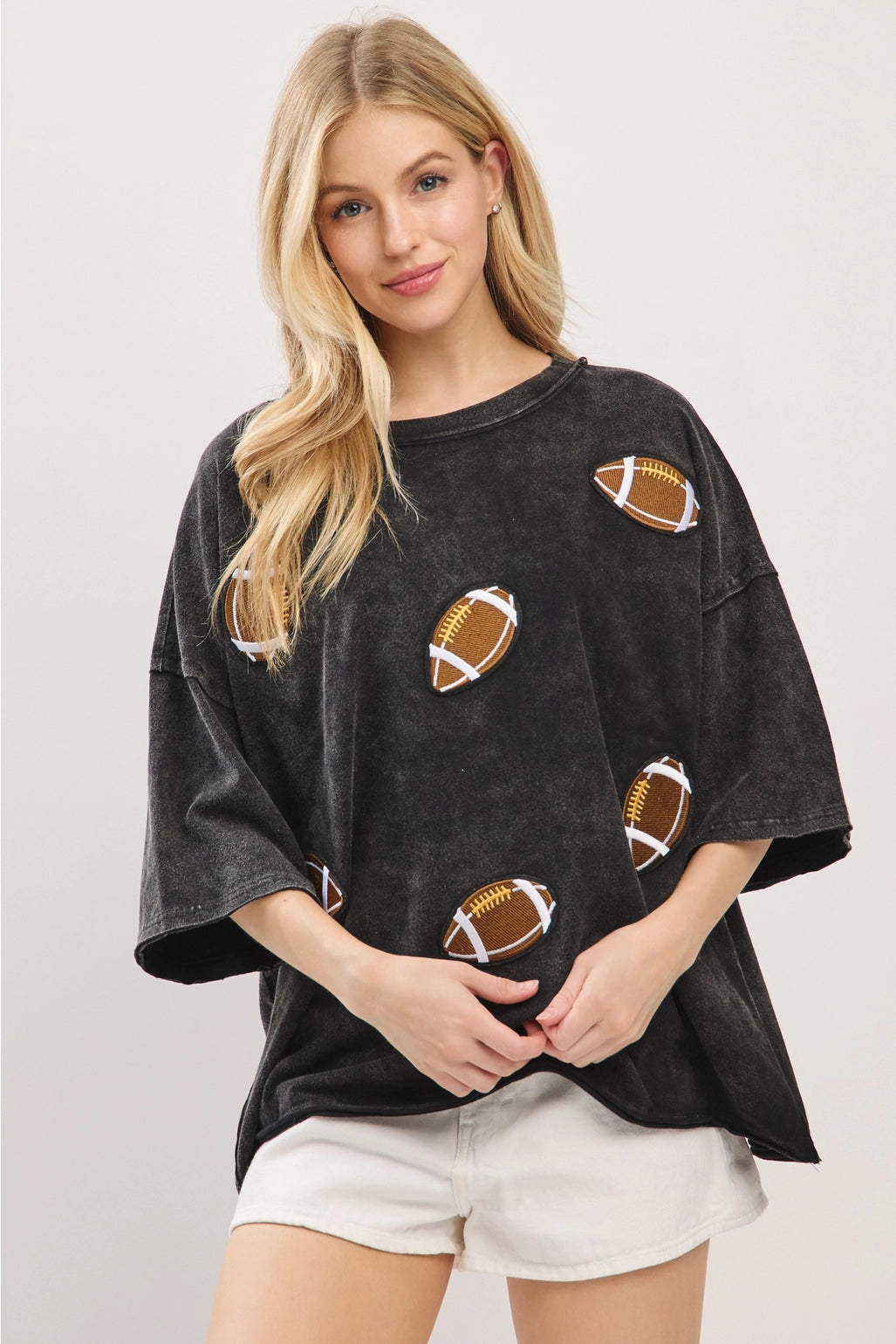 Vintage Football Patch Game day Oversized Tee - Black