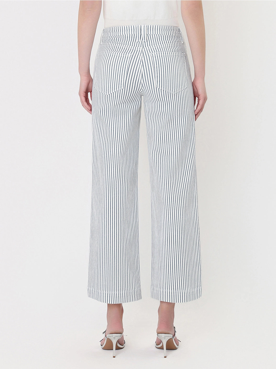 High Rise Patch Pocket Crop Striped Wide Leg Jeans