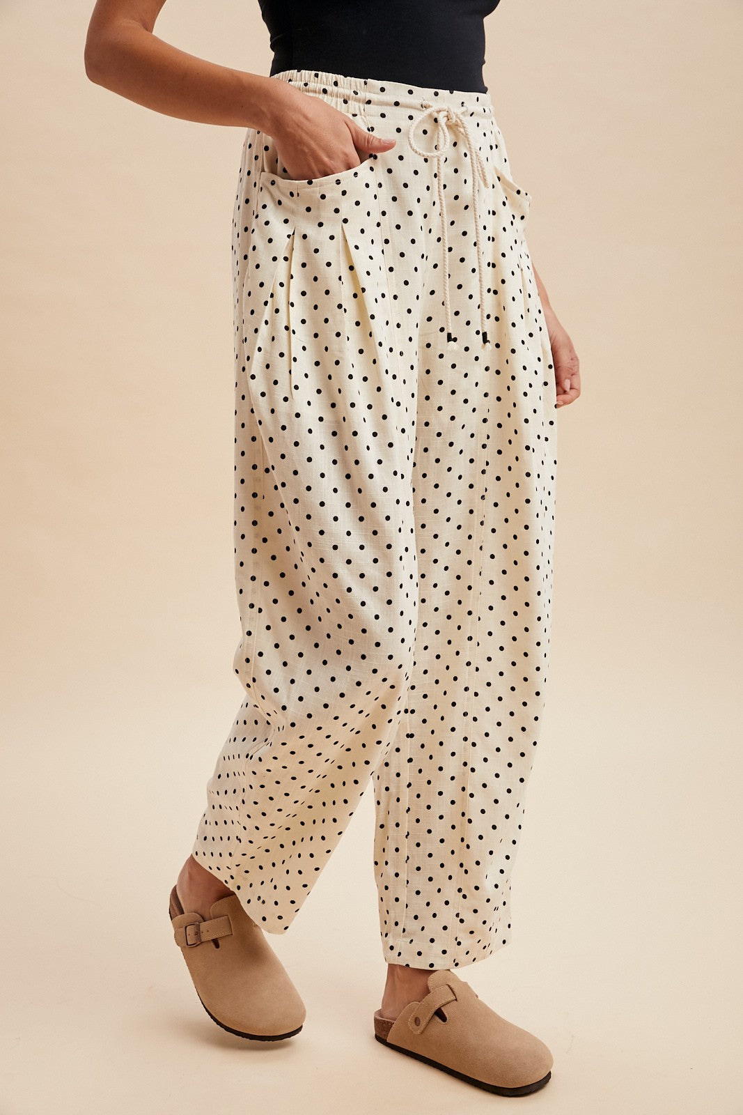 Linen Blend Polka Dot Barrel Leg Pants