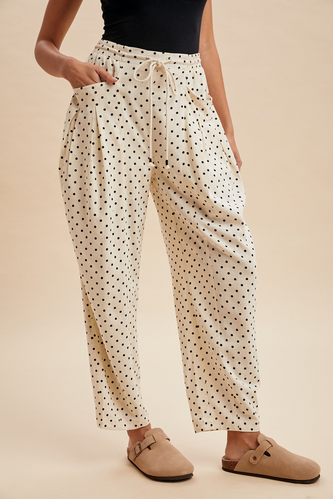 Linen Blend Polka Dot Barrel Leg Pants