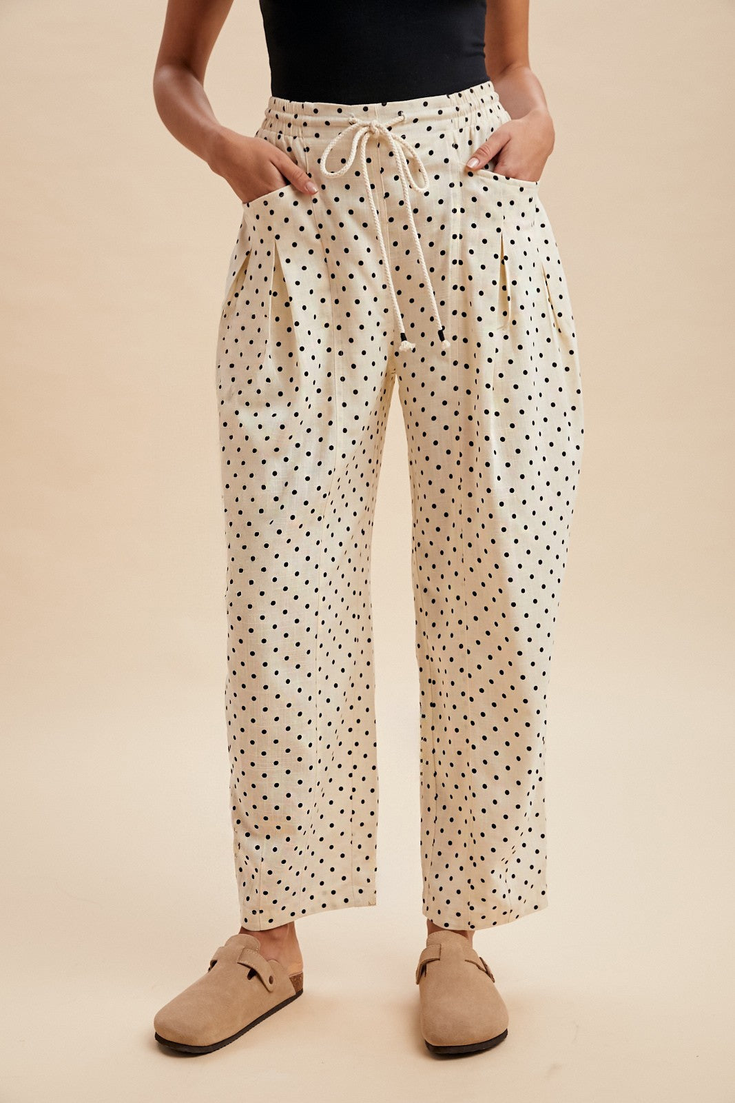 Linen Blend Polka Dot Barrel Leg Pants