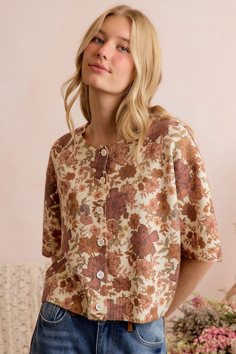 Floral Print Button Front Sweater