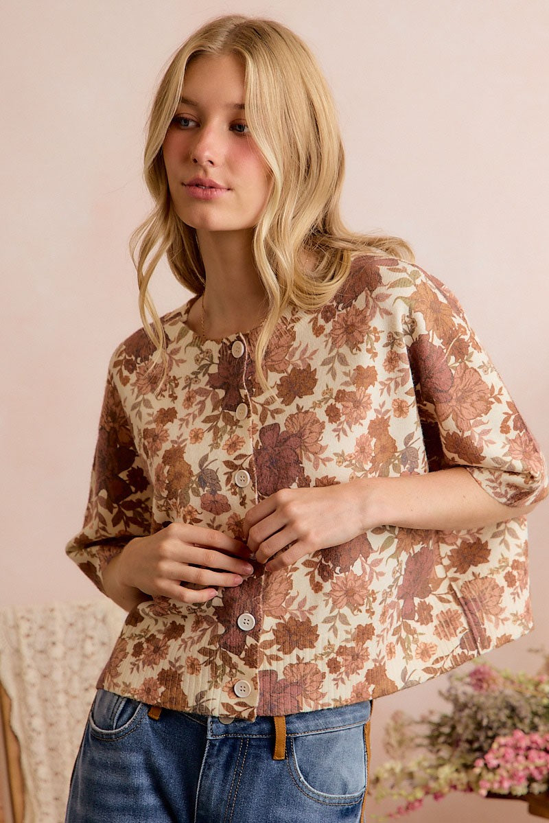 Floral Print Button Front Sweater