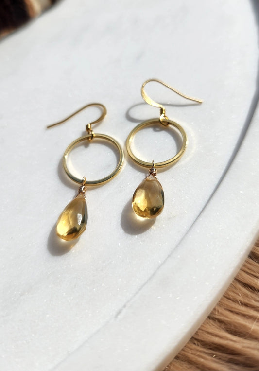 Citrine Teardrop Stone On Gold Circle Earrings