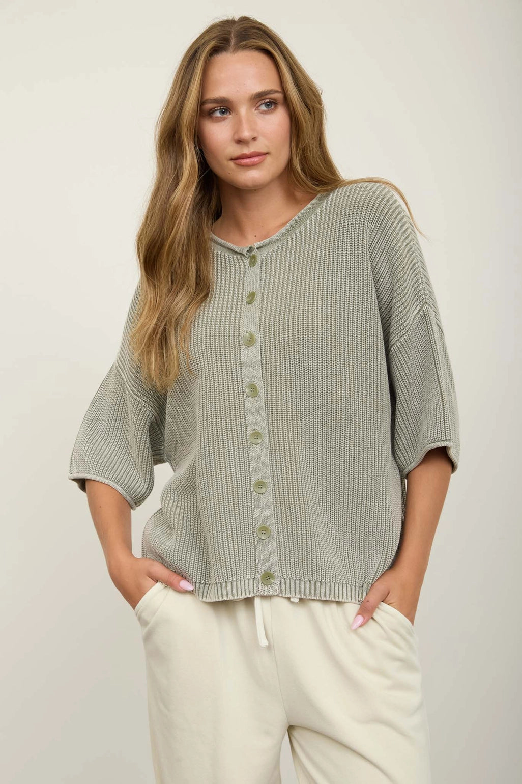 Washed Ribbed Short Sleeve Cardigan - Sage