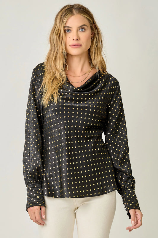 Cowl Neck Embellished Blouse - Black