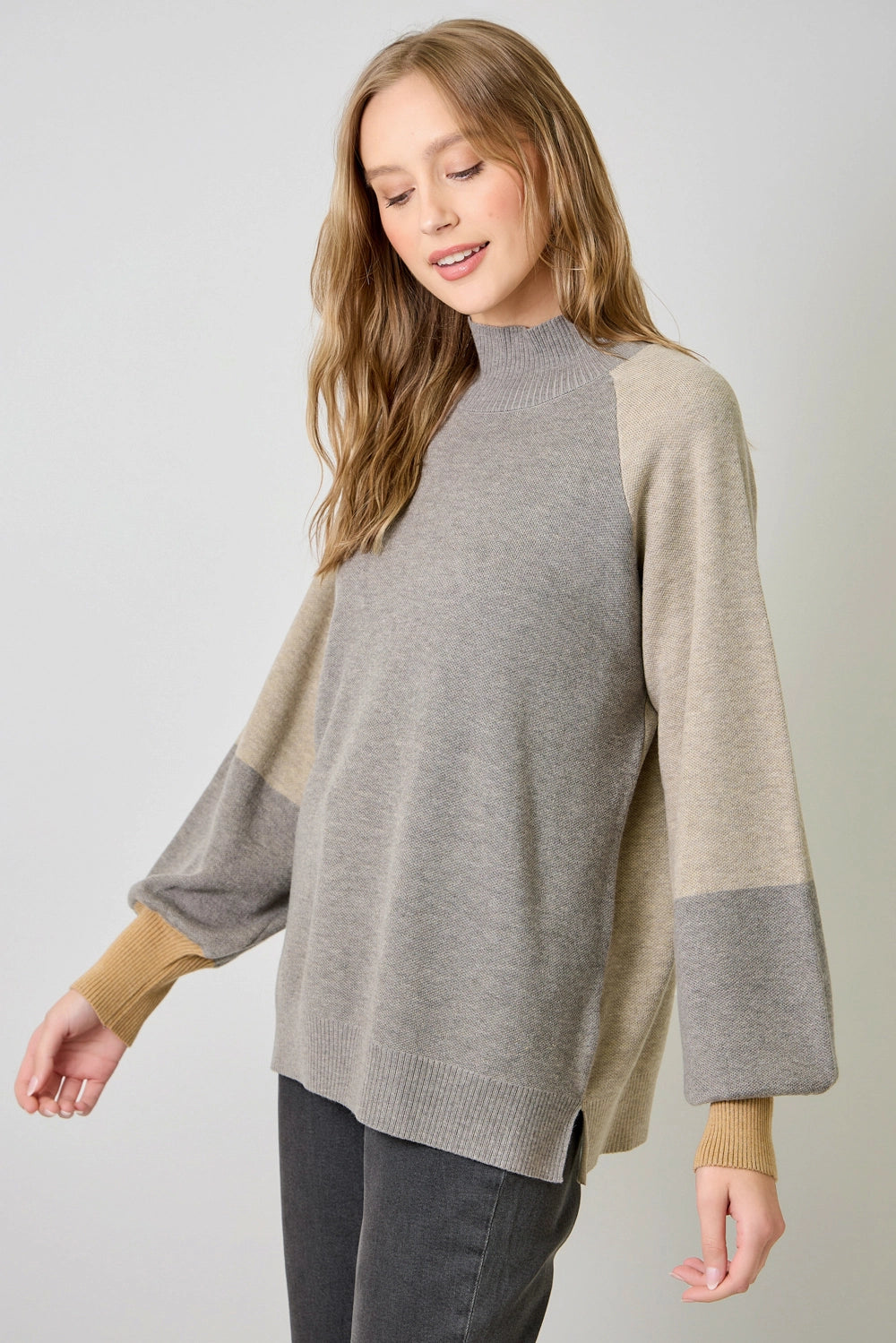 Mock Neck Color Blocked Sweater - Brown