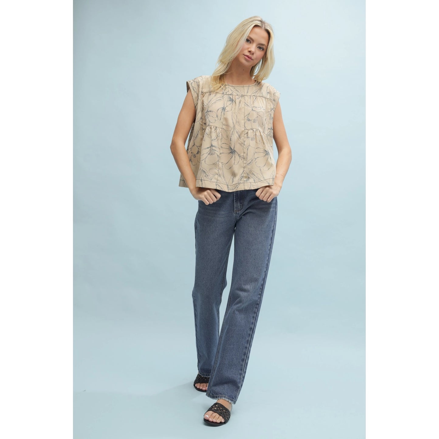 Sketched Floral Cap Sleeve Blouse