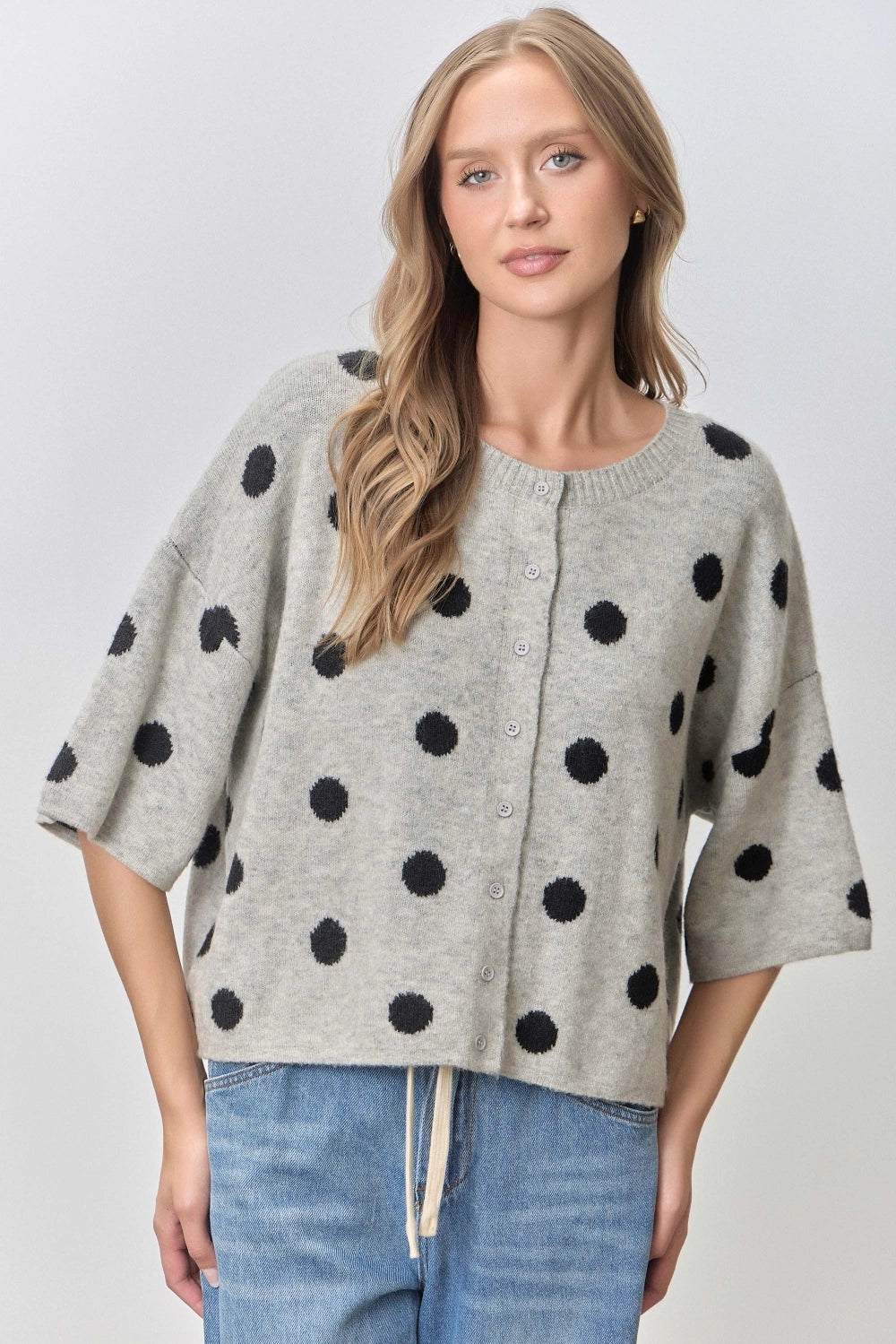 Polka Dot Button Up Short Sleeve Cardigan