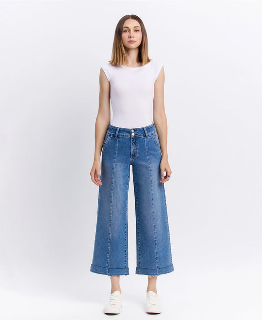 High Rise Two Buttons Trouser Hem Wide Jeans