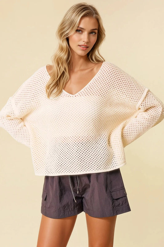 V-Neck Long Sleeve Crochet Sweater Knit Top - Ivory