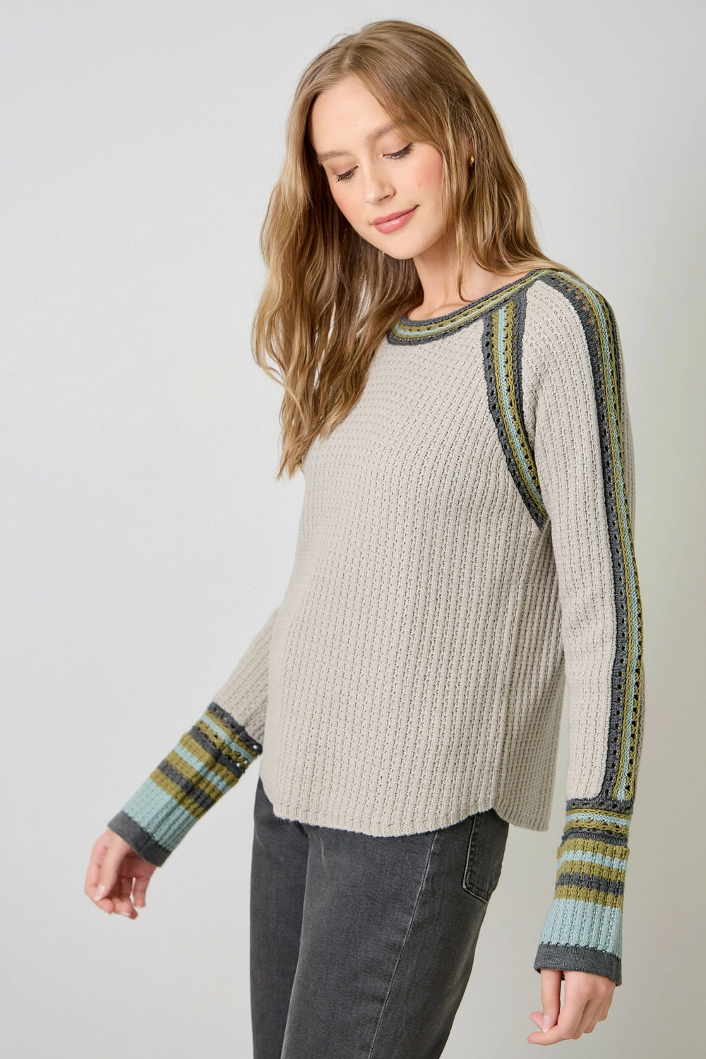 Raglan Sleeve Trim Detail Sweater Top - Stone