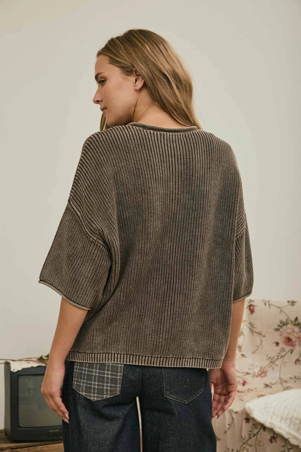 Washed Ribbed Short Sleeve Cardigan - Brown