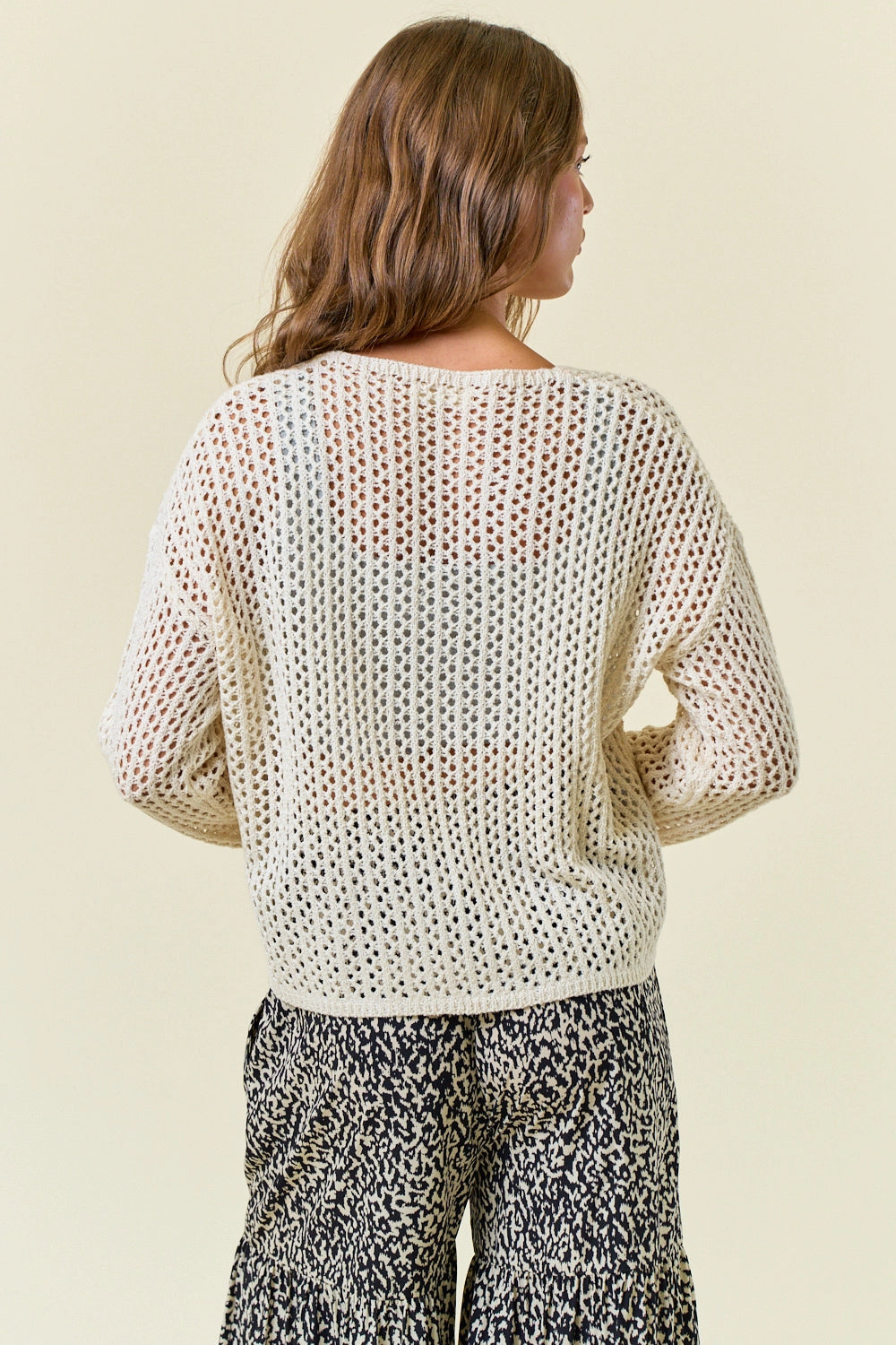 Split V-Neck Long Sleeve Knit Sweater - Cream