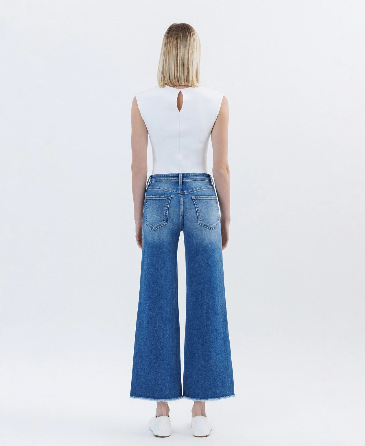 High Rise Raw Hem Ankle Wide Leg Jeans