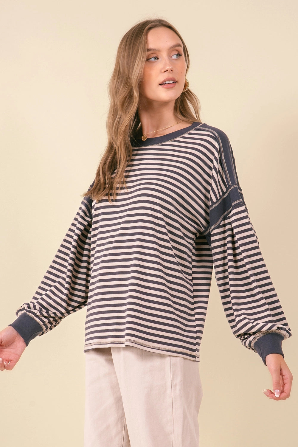 Drop Shoulder Puff Striped Oversized Top