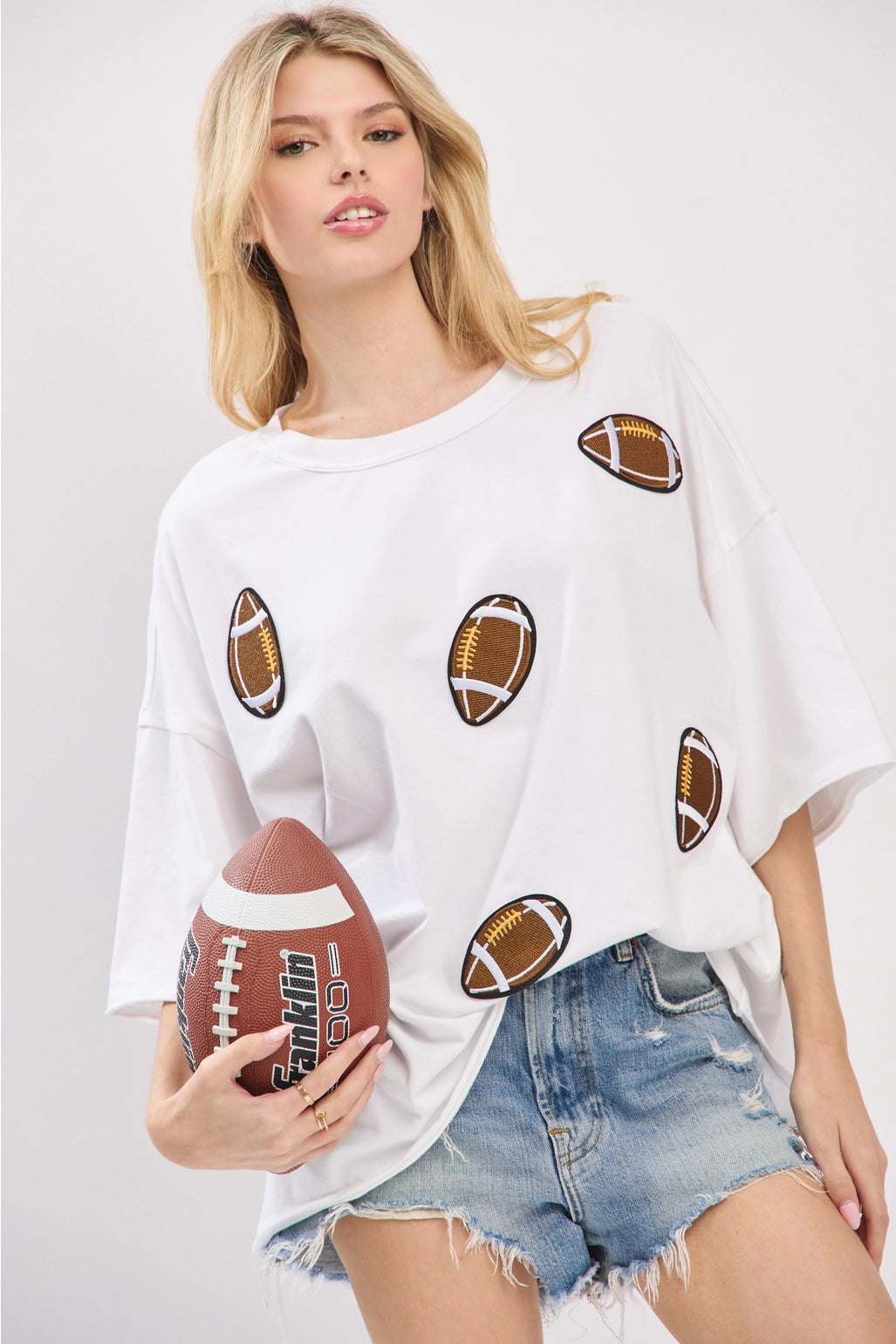 Vintage Football Patch Game day Oversized Tee - White