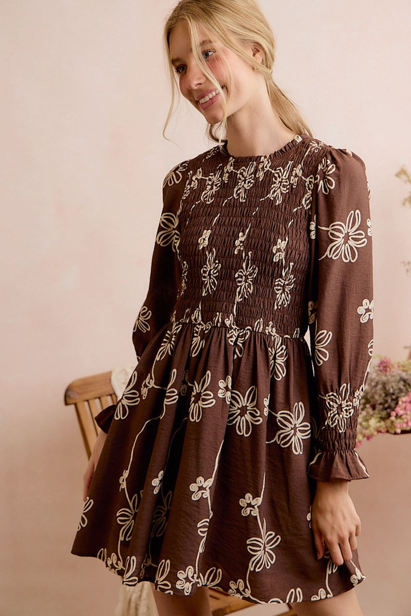 Floral Smocked Bodice Long Sleeves Dress