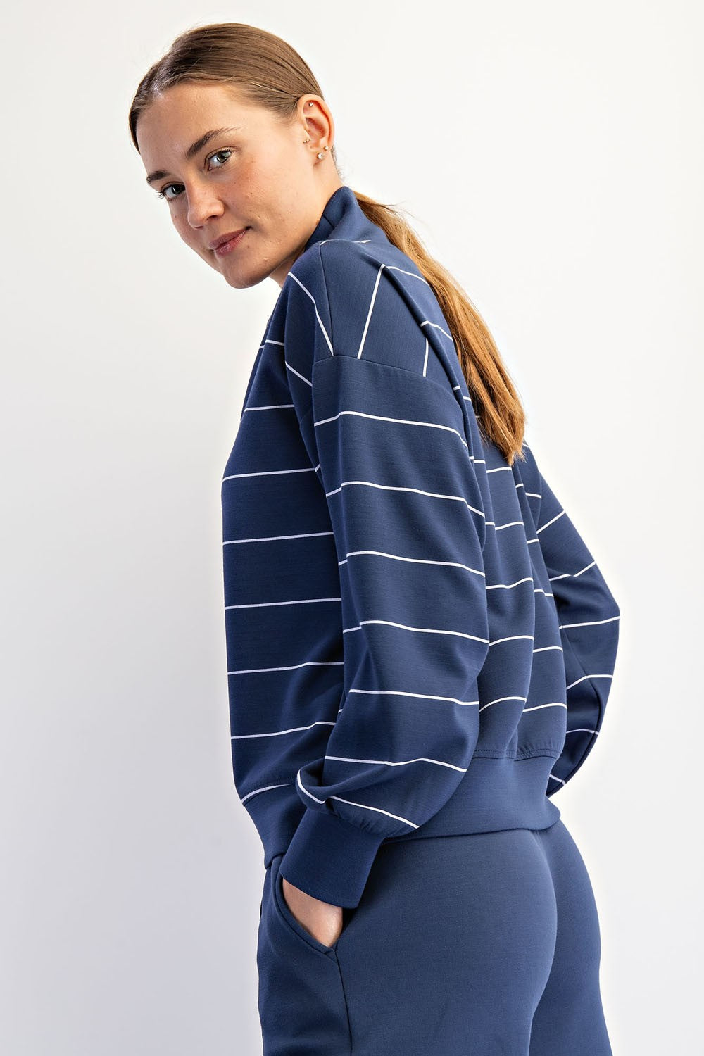 Modal Scuba Stripe V-neck Zipper Top