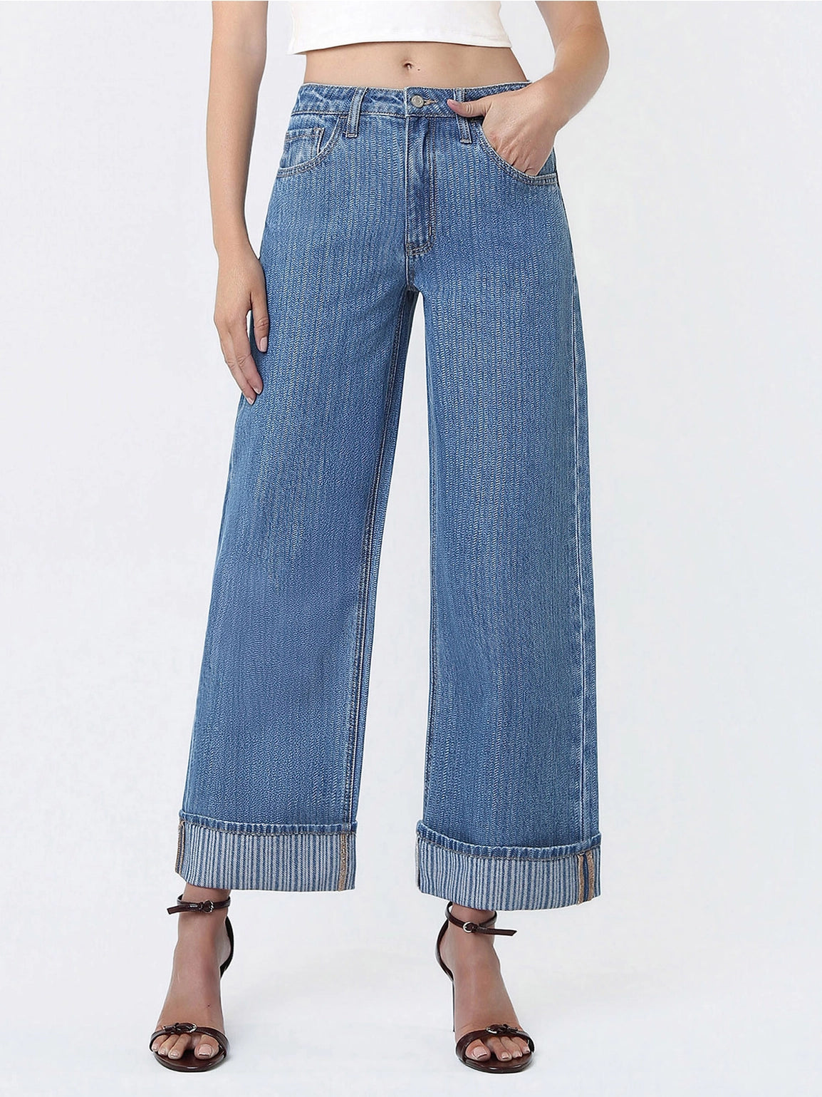 High Rise Cuffed Jacquard Stripe Crop Wide Jeans