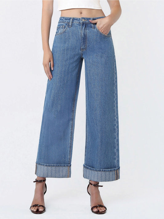 High Rise Cuffed Jacquard Stripe Crop Wide Jeans