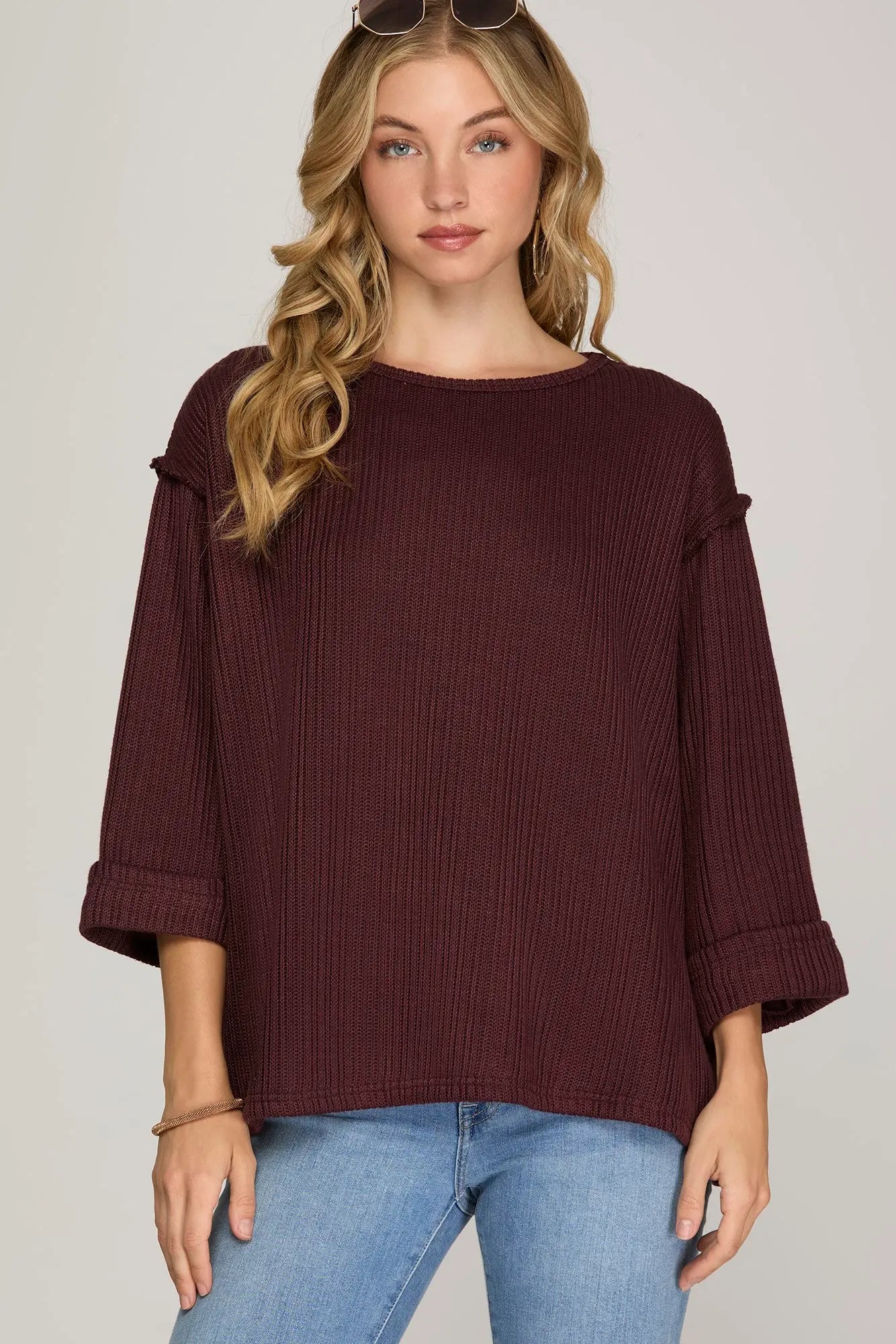 3/4 Sleeve Knit Top - Plum