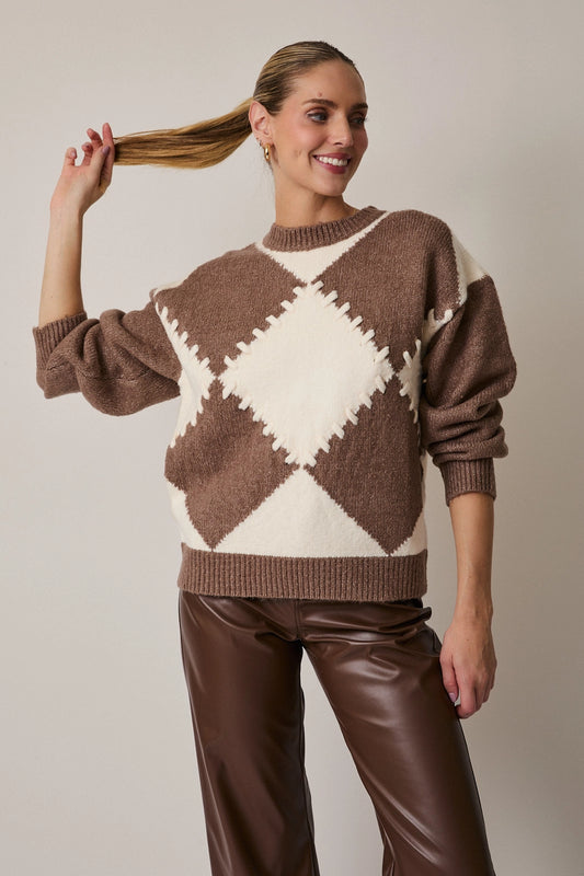 Round Neck Long Sleeve Argyle Sweater