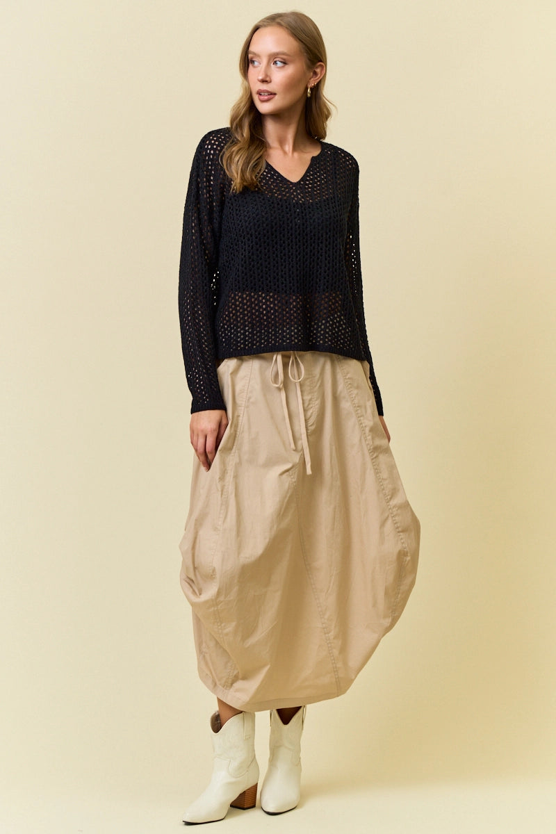 Split V-Neck Long Sleeve Knit Sweater - Black