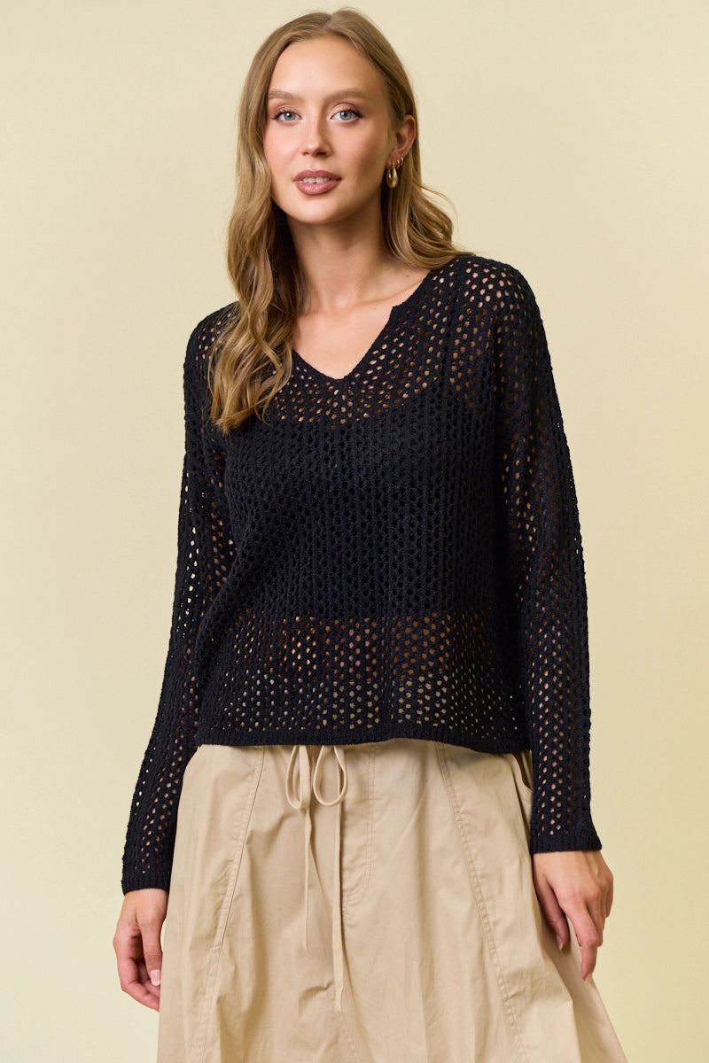 Split V-Neck Long Sleeve Knit Sweater - Black
