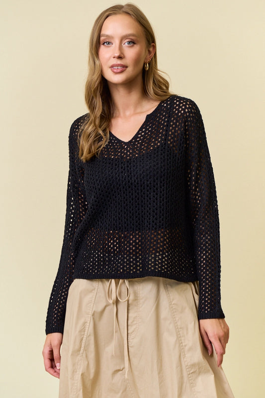 Split V-Neck Long Sleeve Knit Sweater - Black