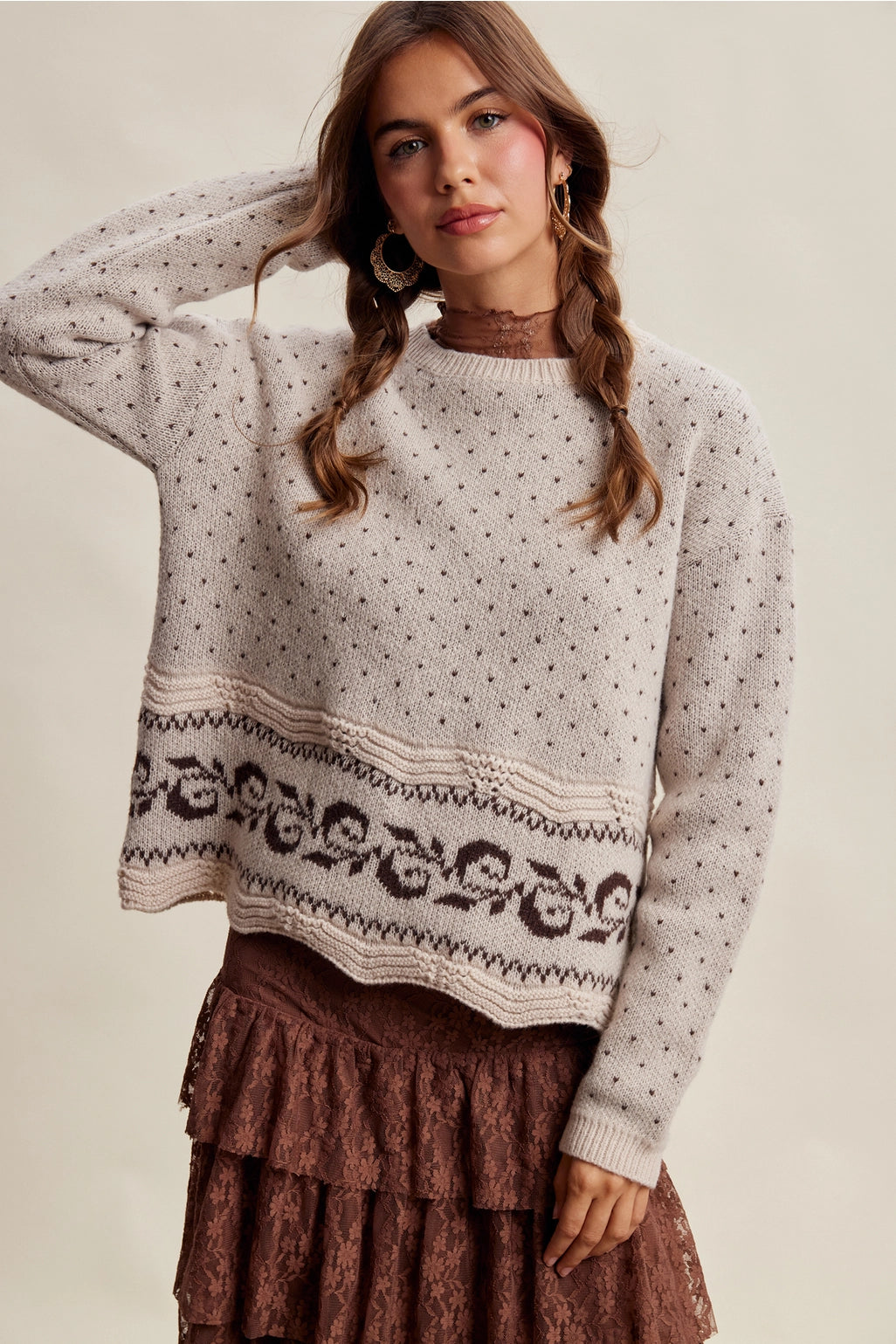 Swiss Dot Border Knit Sweater