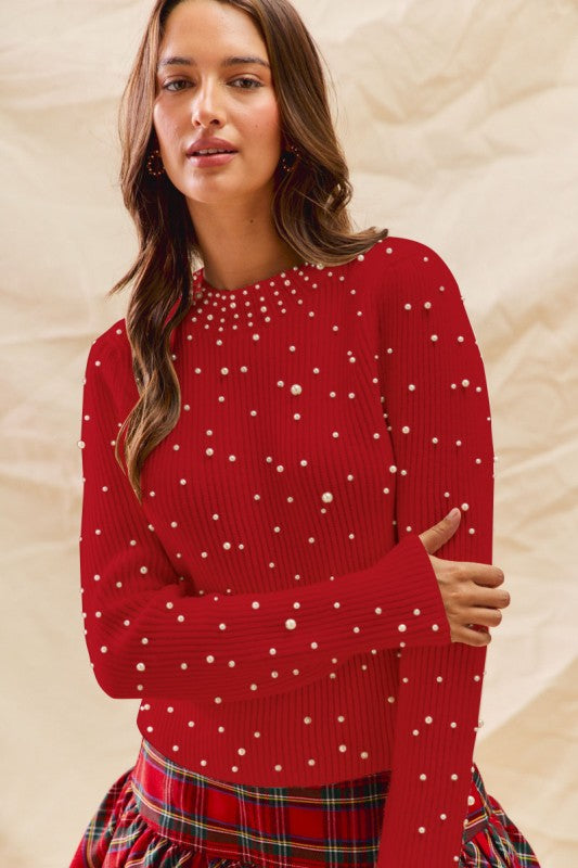 Pearl Embellished Sweater - Red