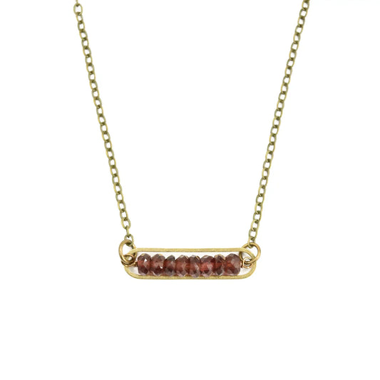 Red Garnet Beaded Stones Bar Golden Oval Necklace