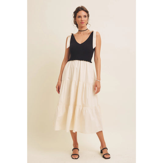 Mixed Media Rib Sweater Tiered Midi Dress