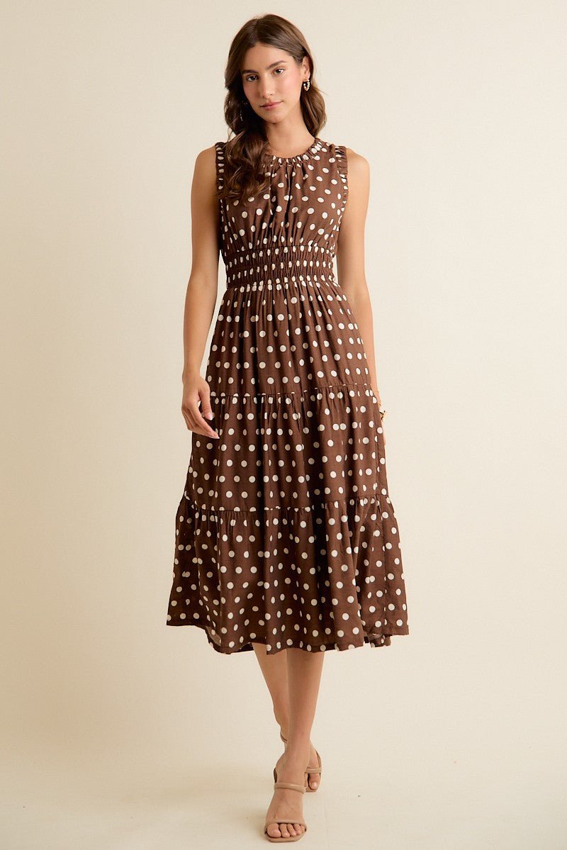 Polka Dot Sleeveless Smocked Dress