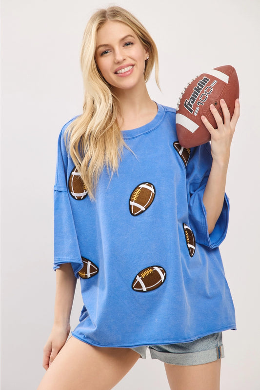 Vintage Football Patch Game day Oversized Tee - Blue