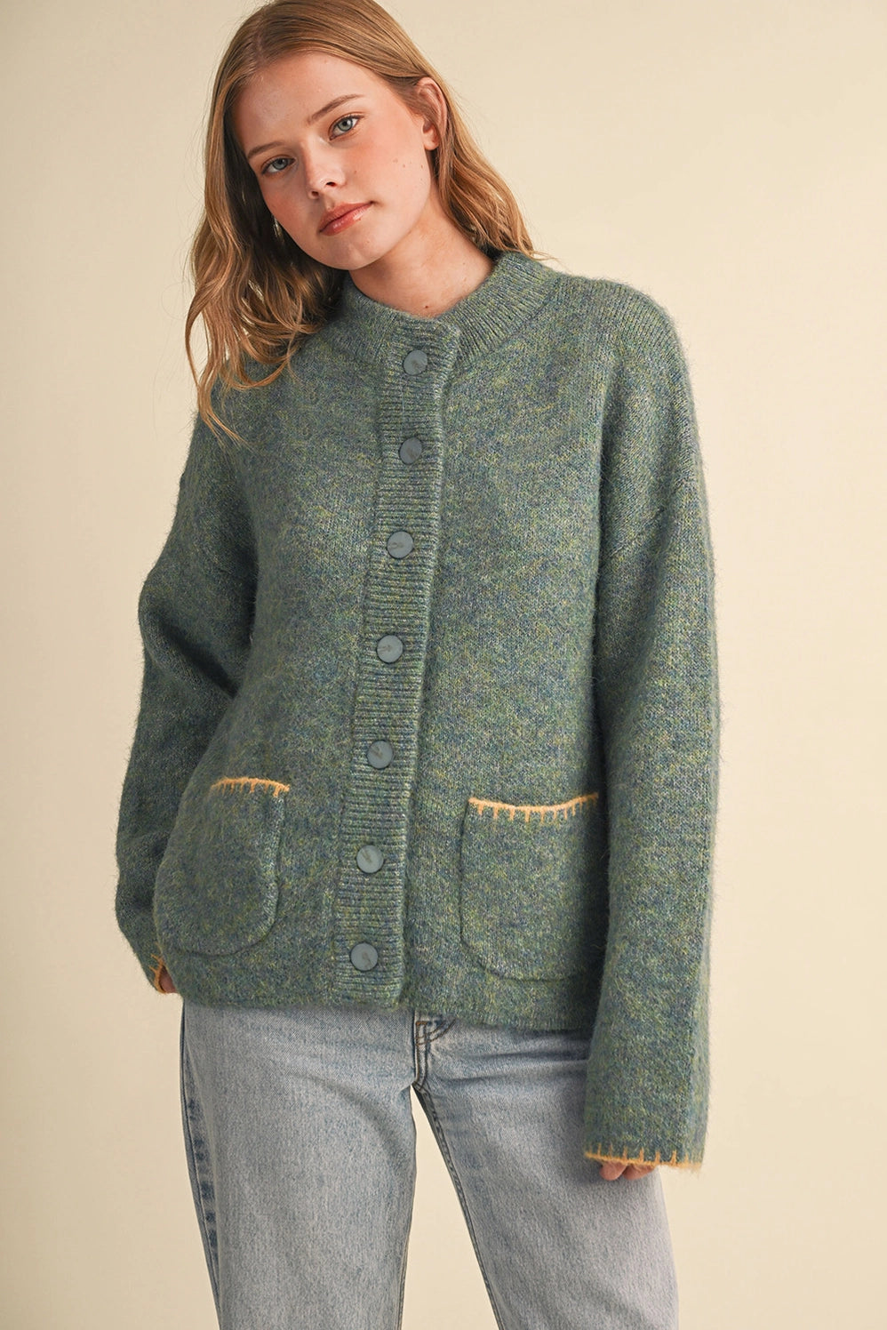 Blanket Stitch Button Down Sweater Cardigan