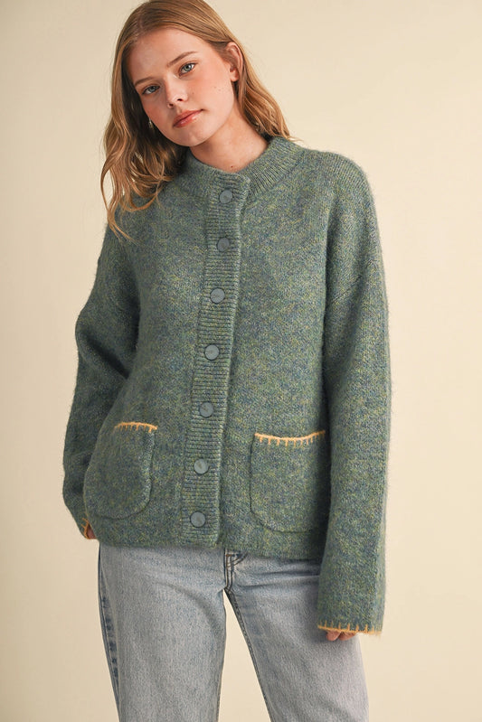 Blanket Stitch Button Down Sweater Cardigan