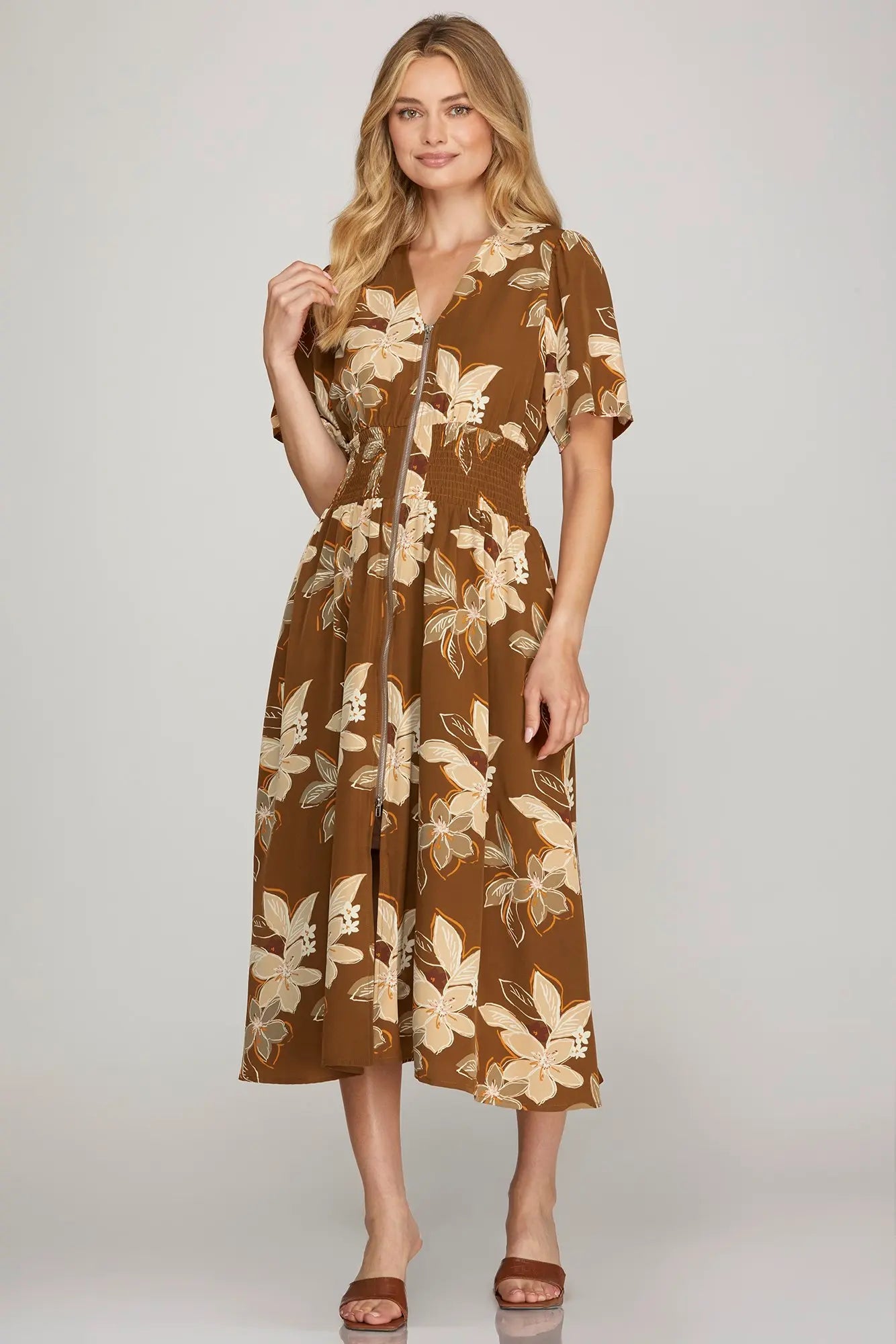 Smocked Short Sleeve Dress With Pockets