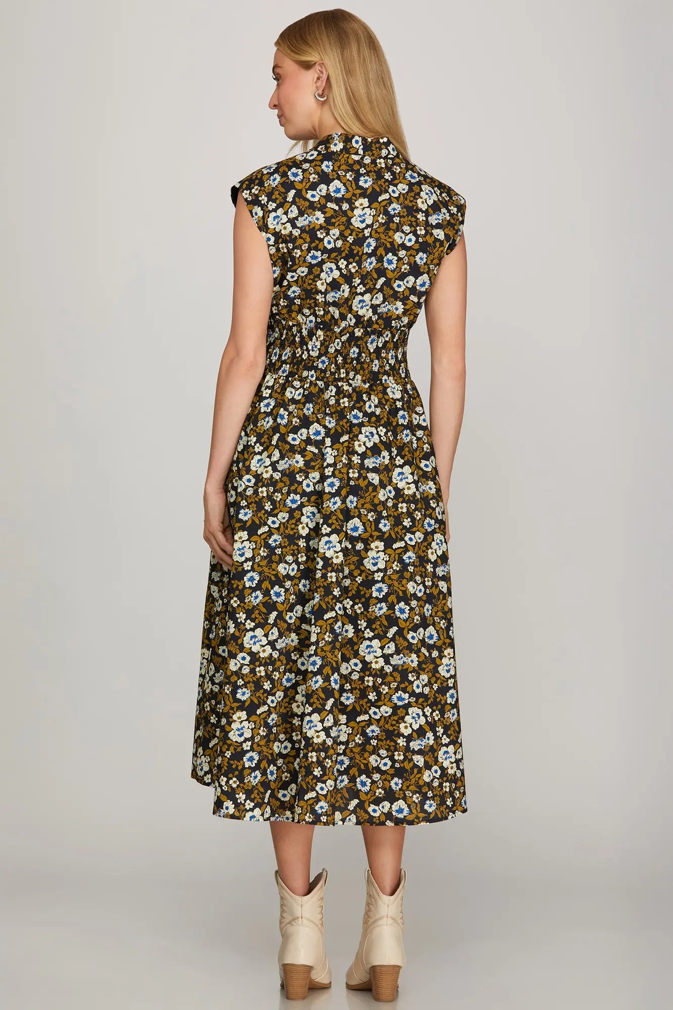 Smocked Waist Printed Dress With Pockets
