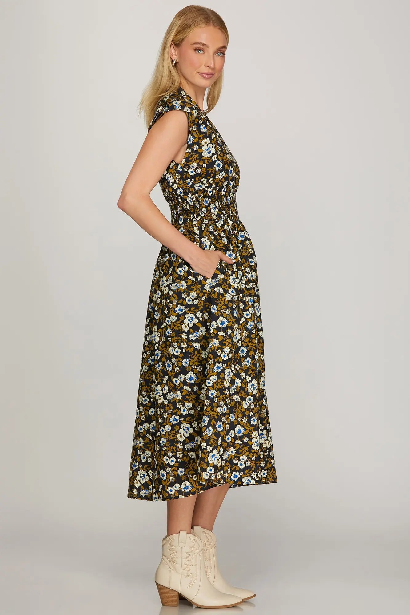 Smocked Waist Printed Dress With Pockets