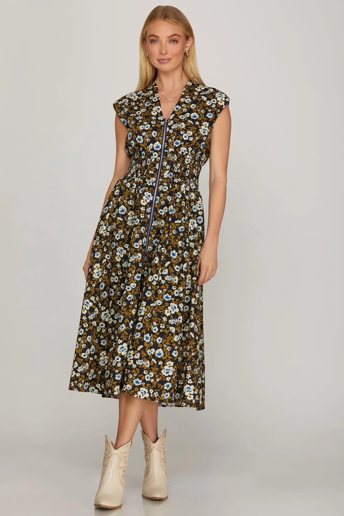 Smocked Waist Printed Dress With Pockets