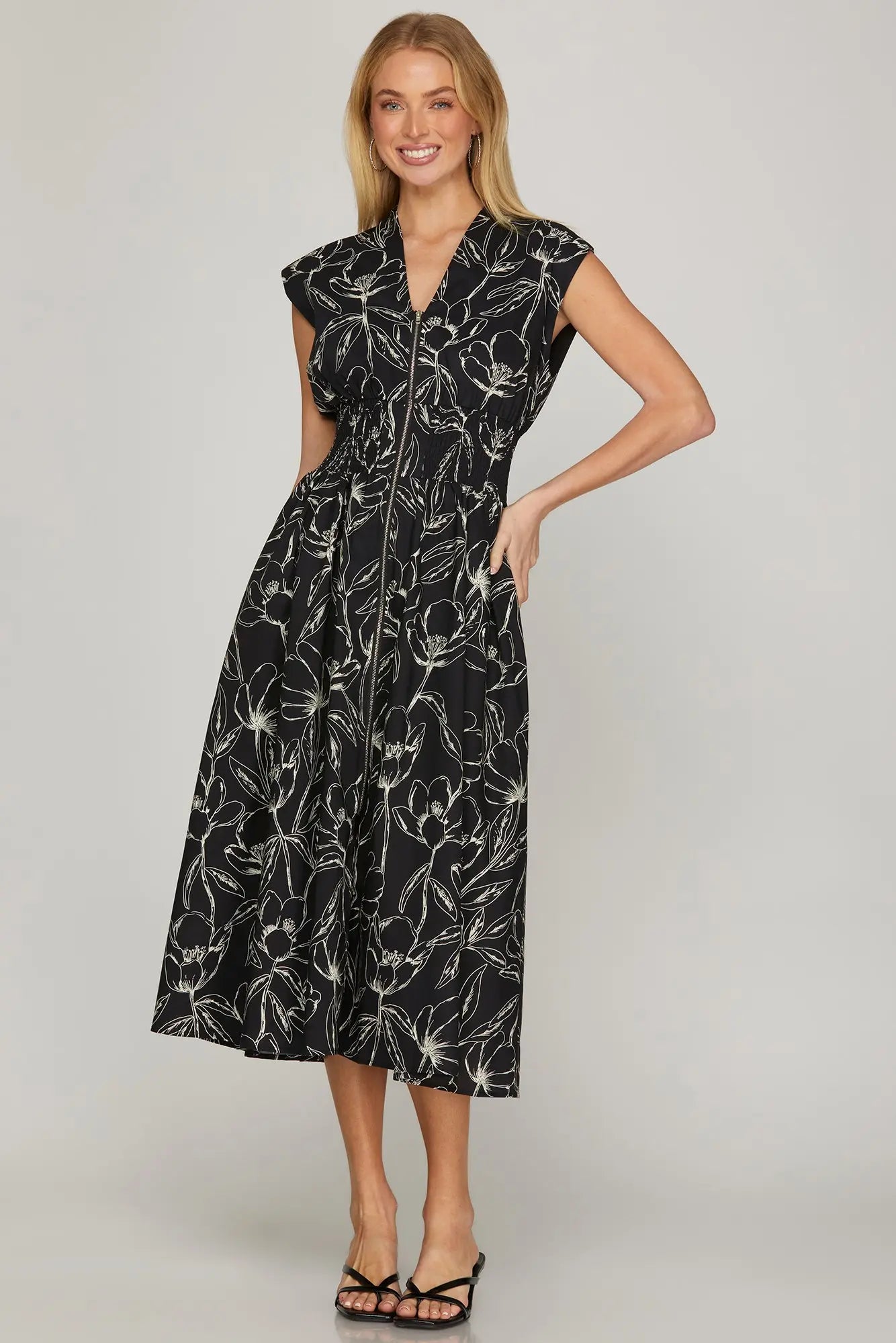 Printed Dress with Pockets - Black
