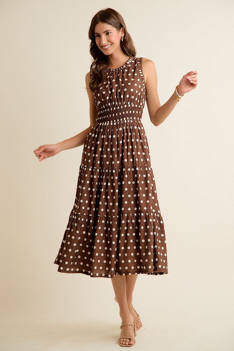 Polka Dot Sleeveless Smocked Dress
