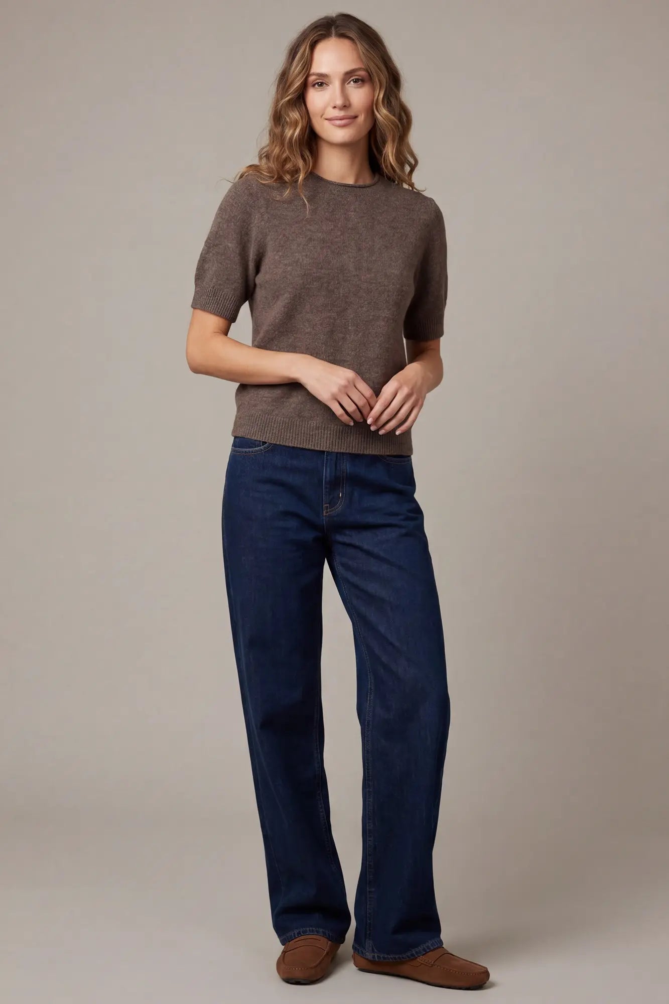 Short Sleeve Sweater Top - Brown